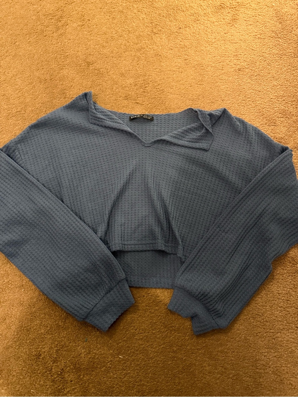 SHEIN Blue Waffle-Knit Cropped Long-Sleeve Top
